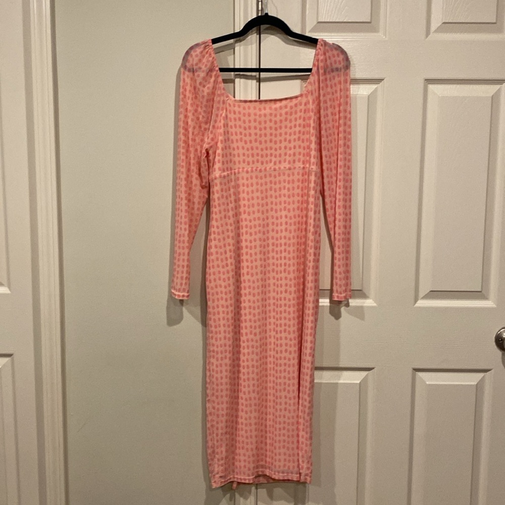Pink polka dot midi length dress